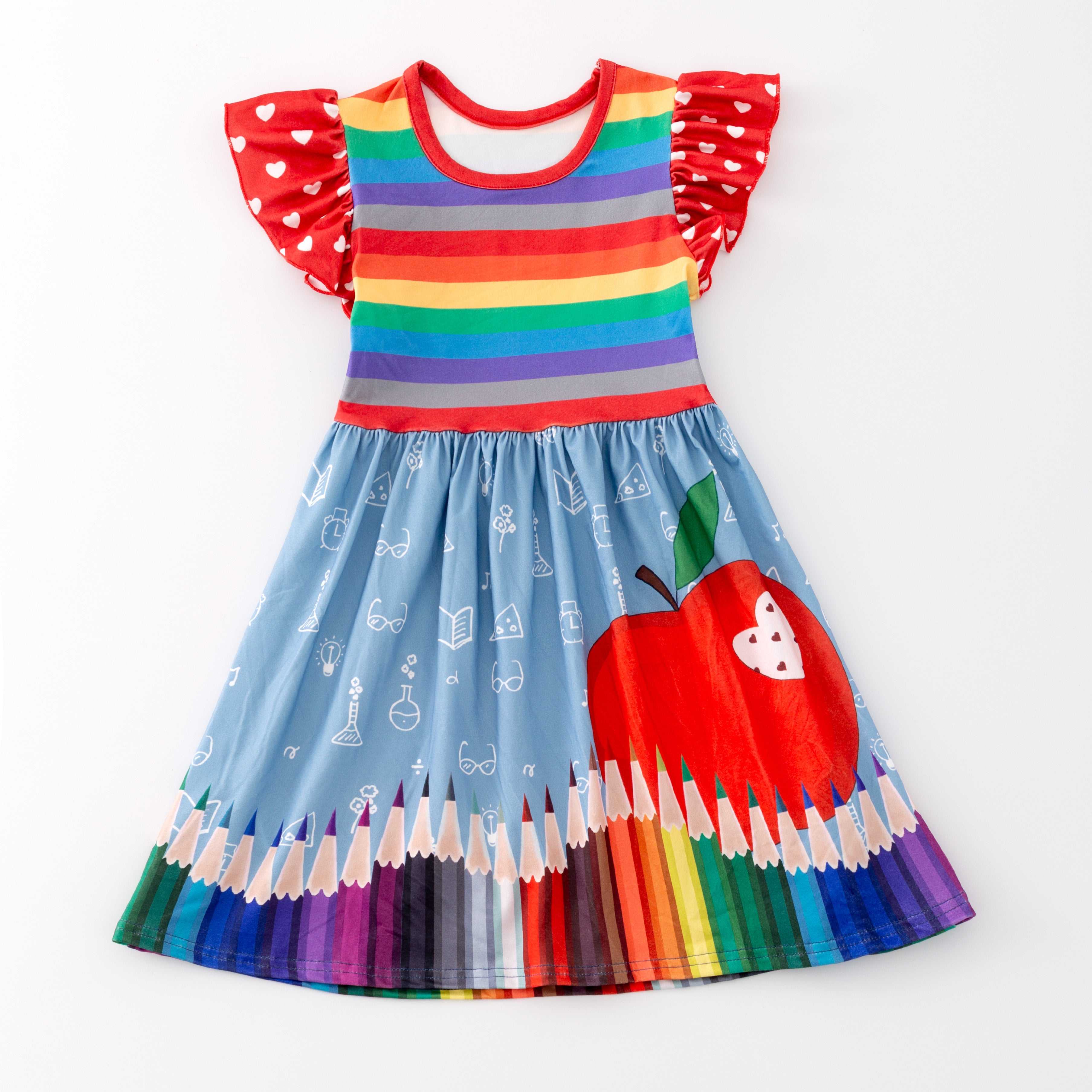 (In Stock)Girls Summer Back To School Pencil Apple Stripe Print Dress