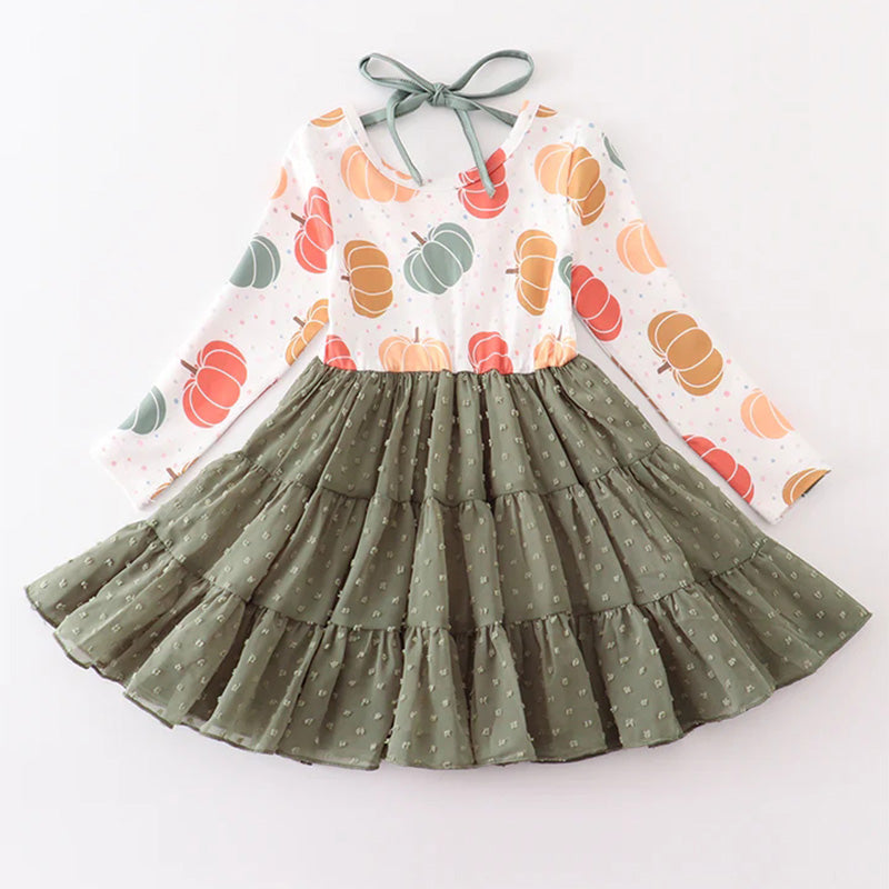 (In Stock)Girls Thanksgiving Pumpkin Print Dress