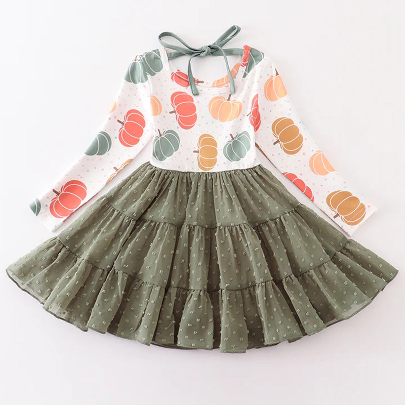 (In Stock)Girls Thanksgiving Pumpkin Print Dress