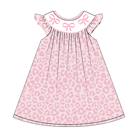 (Pre Order)Girls Summer Pink Leopard Smocked Embroidery Dress