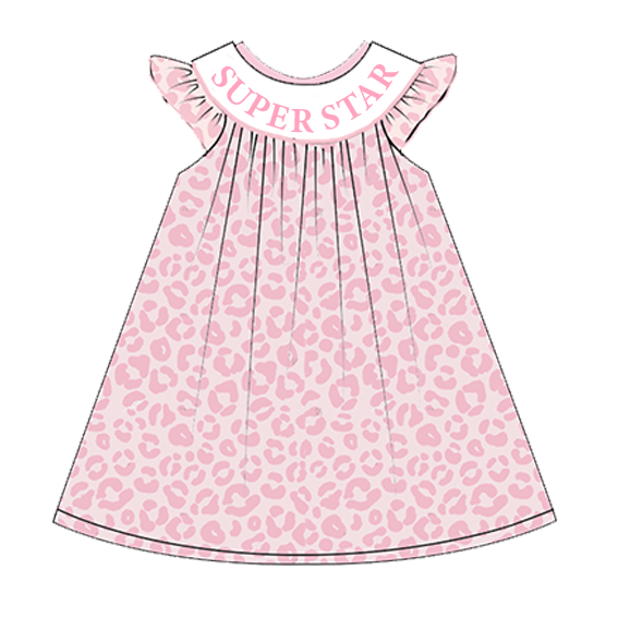 (Pre Order)Girls Summer Pink Leopard Smocked Embroidery Dress