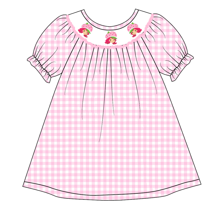 (Pre Order)Girls Pink Plaid Embroidery Bubbles Smocked Dress