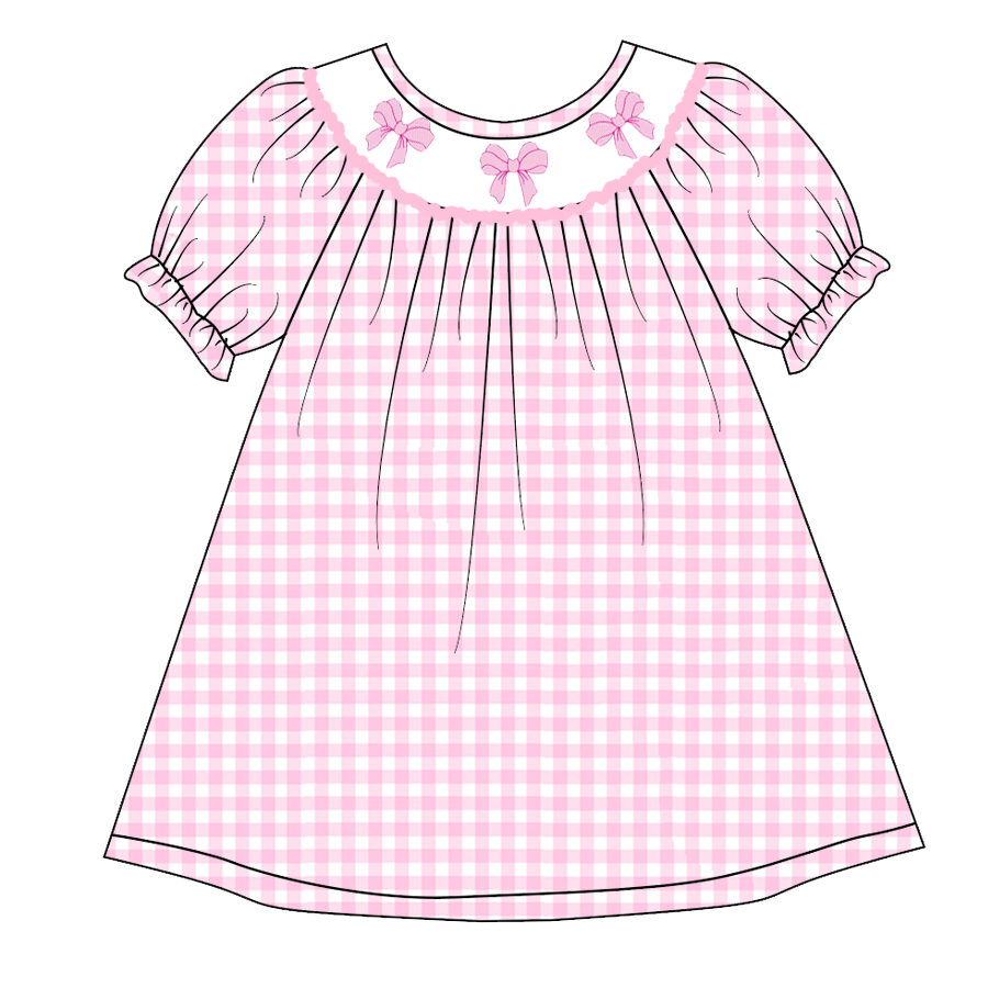 (Pre Order)Girls Pink Plaid Embroidery Bubbles Smocked Dress