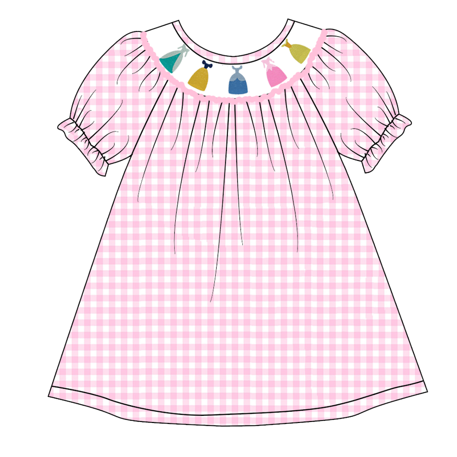 (Pre Order)Girls Pink Plaid Embroidery Bubbles Smocked Dress