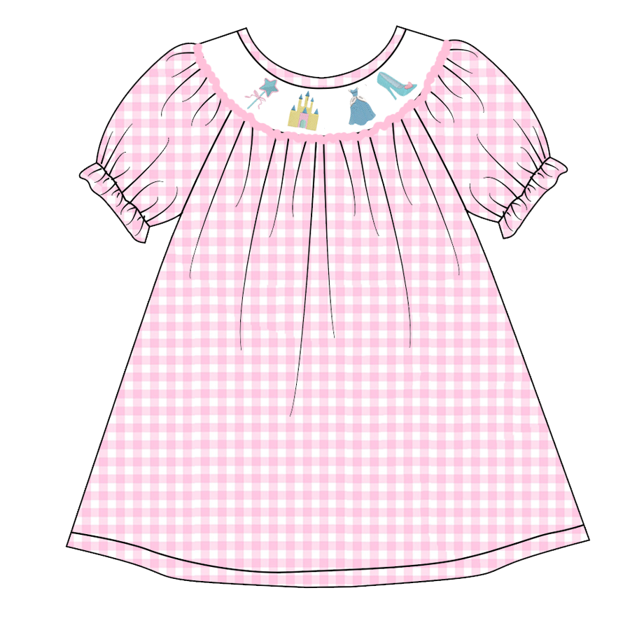 (Pre Order)Girls Pink Plaid Embroidery Bubbles Smocked Dress