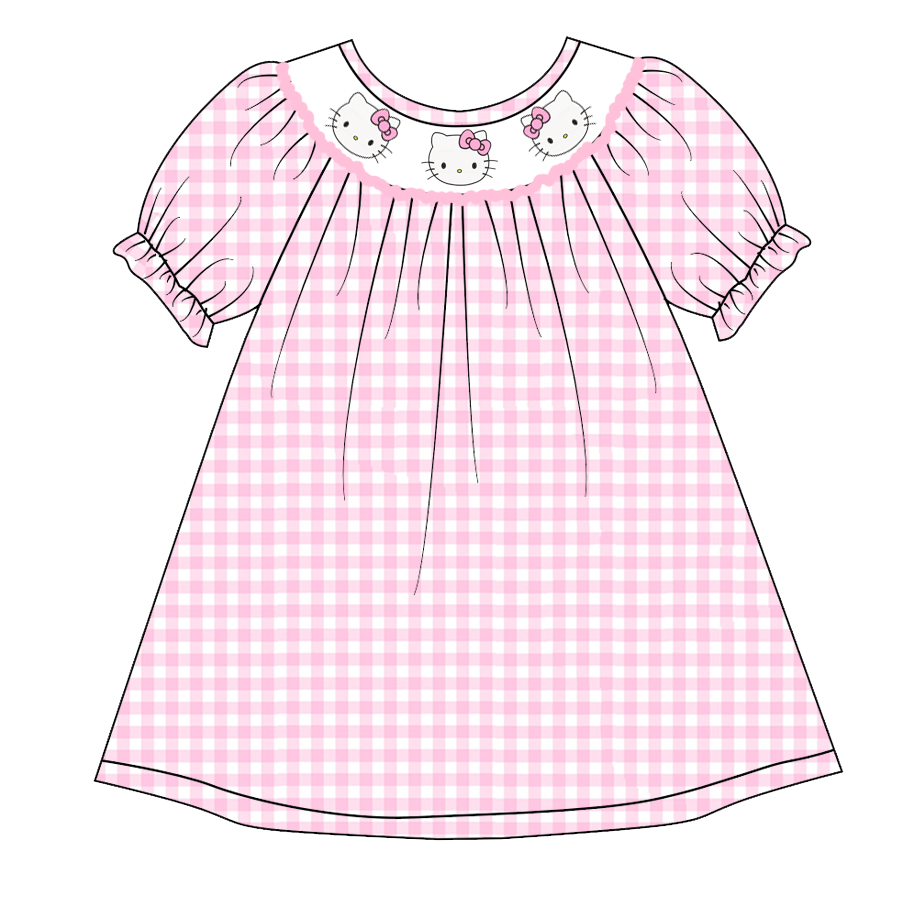 (Pre Order)Girls Pink Plaid Embroidery Bubbles Smocked Dress
