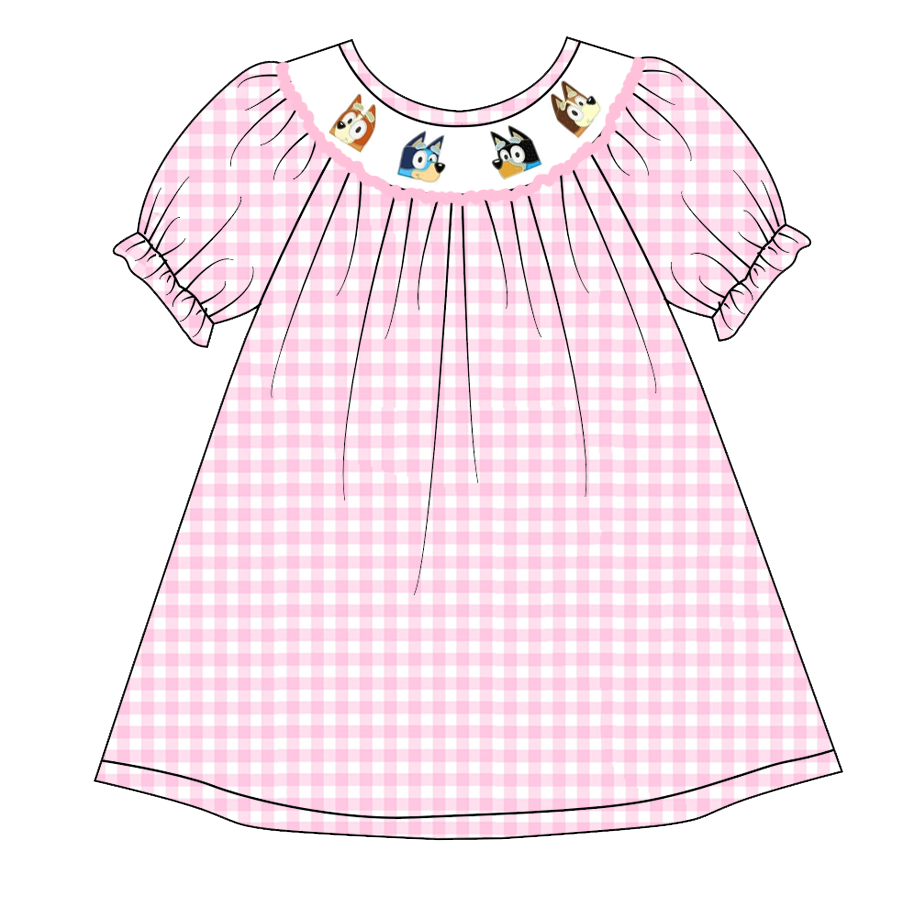 (Pre Order)Girls Pink Plaid Embroidery Bubbles Smocked Dress