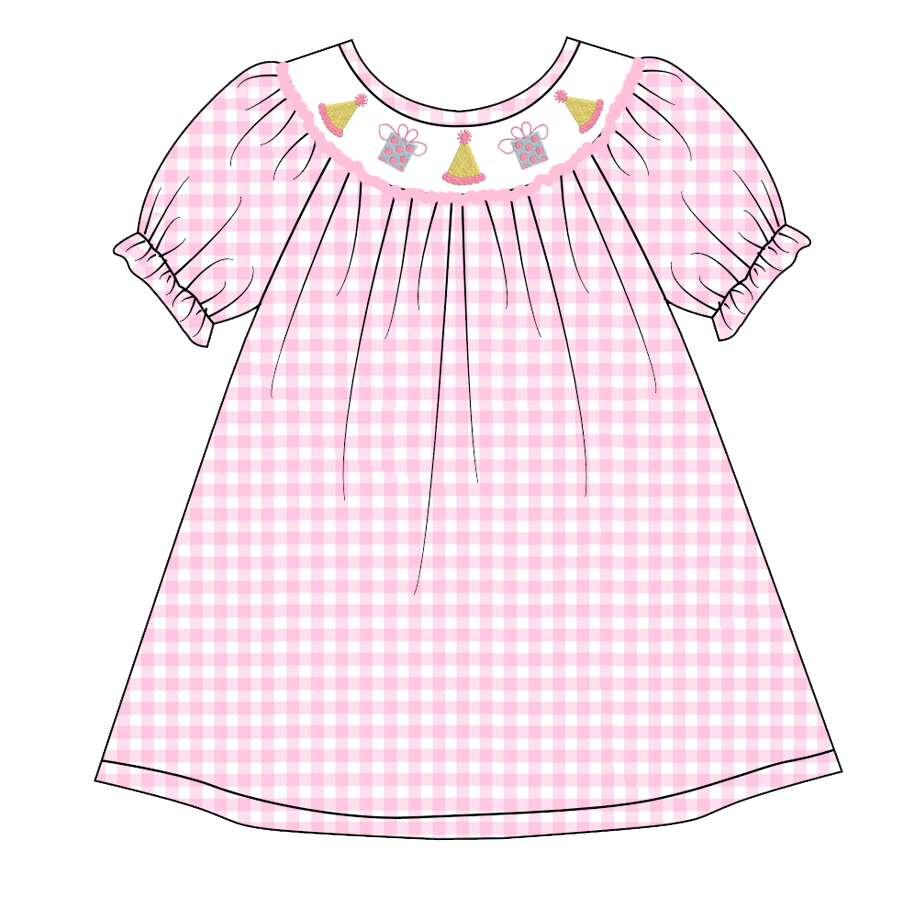 (Pre Order)Girls Pink Plaid Embroidery Bubbles Smocked Dress