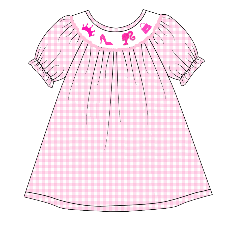(Pre Order)Girls Pink Plaid Embroidery Bubbles Smocked Dress