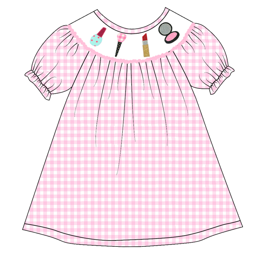 (Pre Order)Girls Pink Plaid Embroidery Bubbles Smocked Dress
