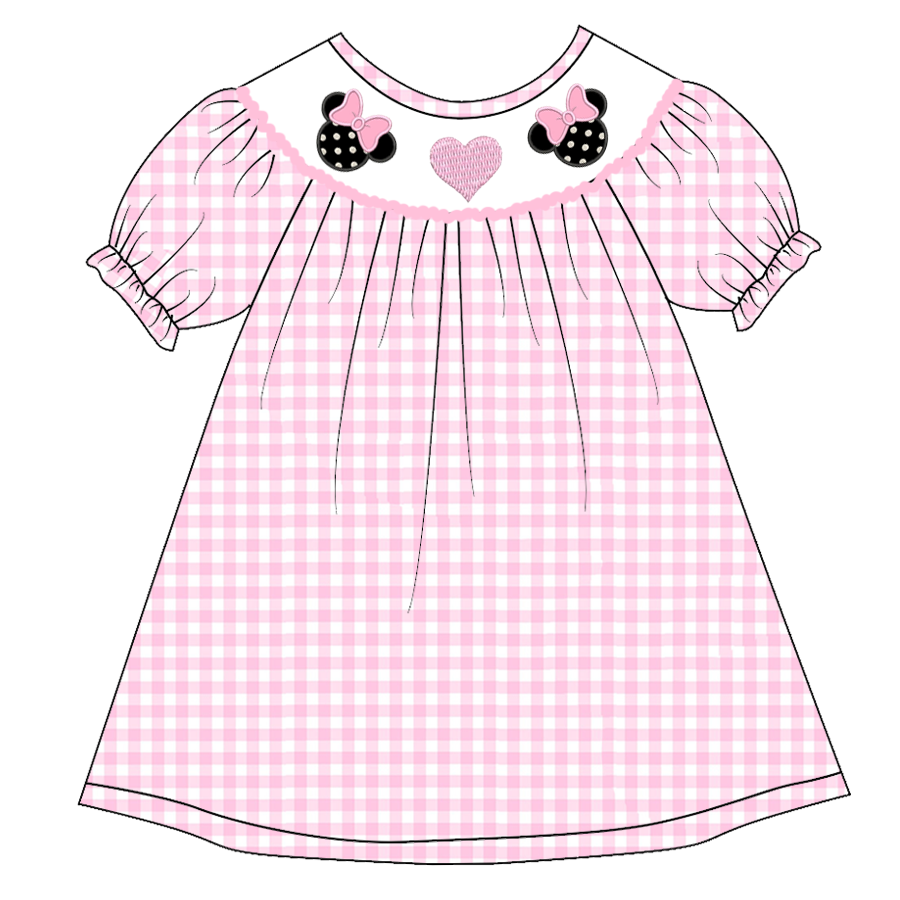 (Pre Order)Girls Pink Plaid Embroidery Bubbles Smocked Dress