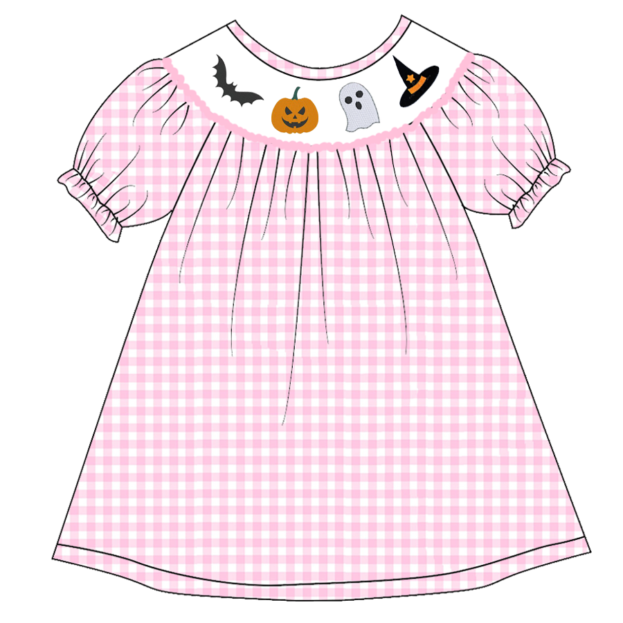 (Pre Order)Girls Halloween Embroidery Bubbles Smocked Dress