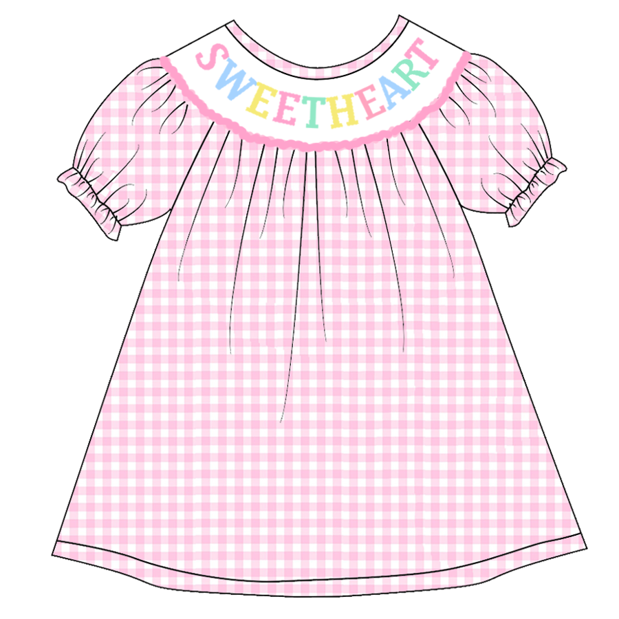 (Pre Order)Girls Pink Plaid Embroidery Bubbles Smocked Dress
