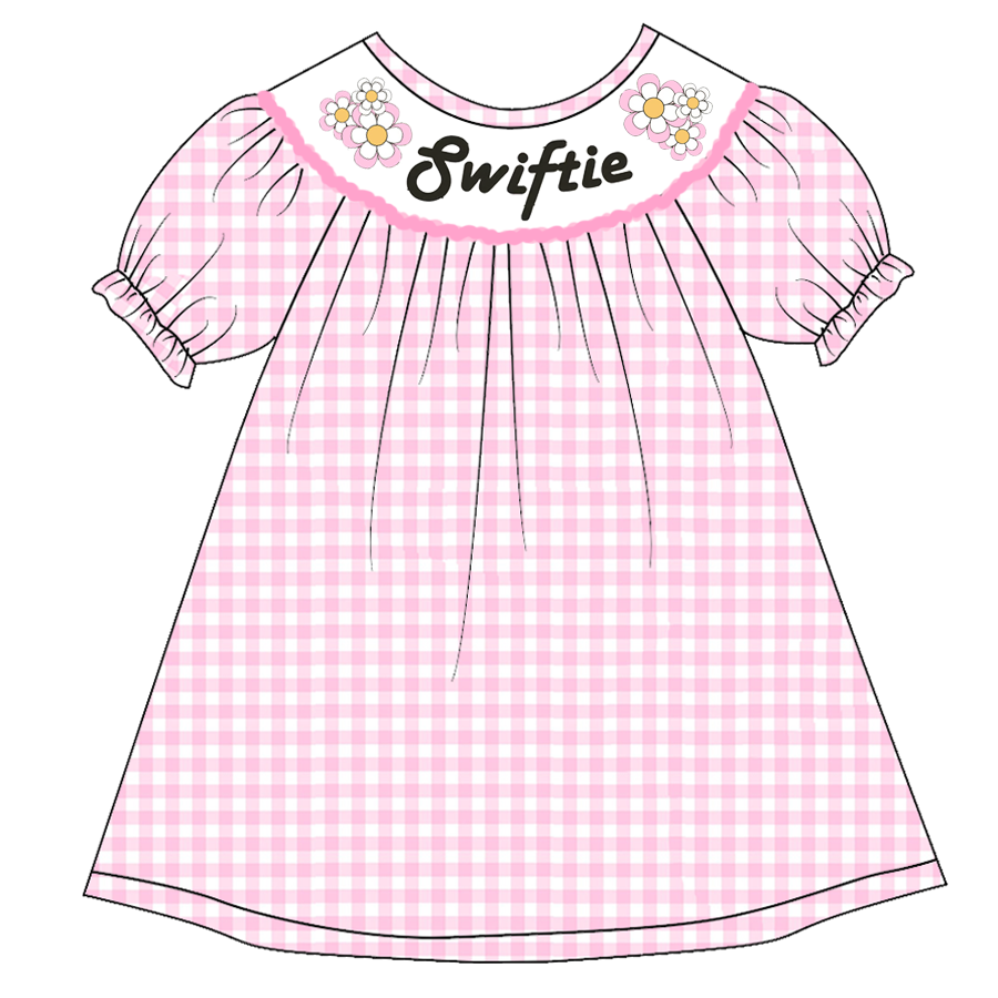 (Pre Order)Girls Pink Plaid Embroidery Bubbles Smocked Dress