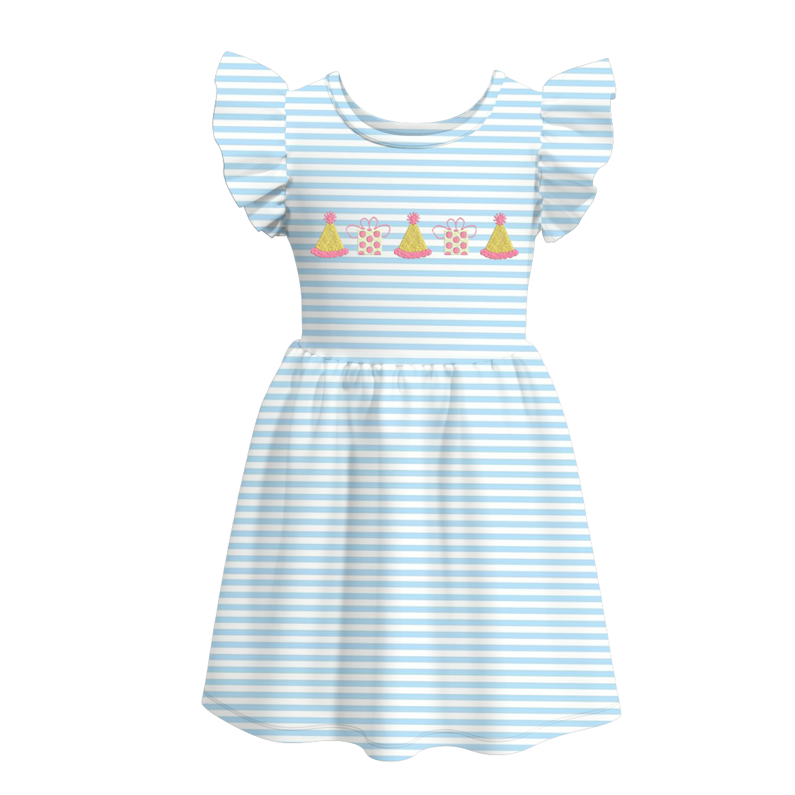 (Pre Order)Girls Blue Stripe Embroidery Dress