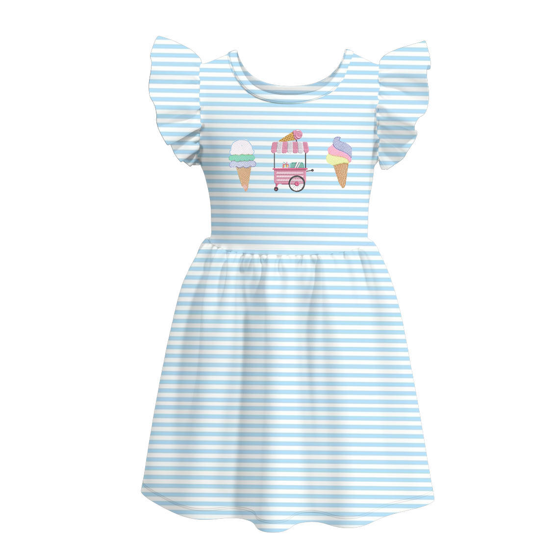 (Pre Order)Girls Blue Stripe Embroidery Dress