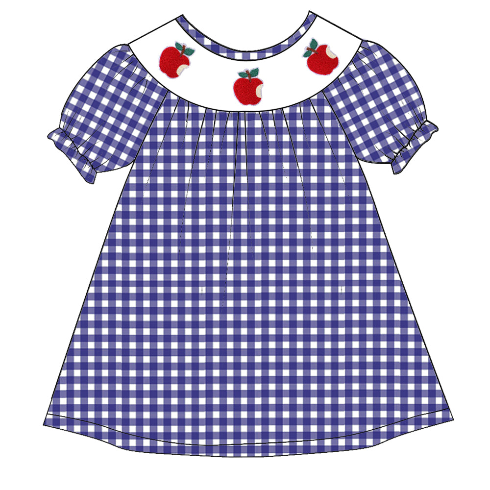 (Pre Order)Girls Blue Plaid Back To School Embroidery Smocked Dress