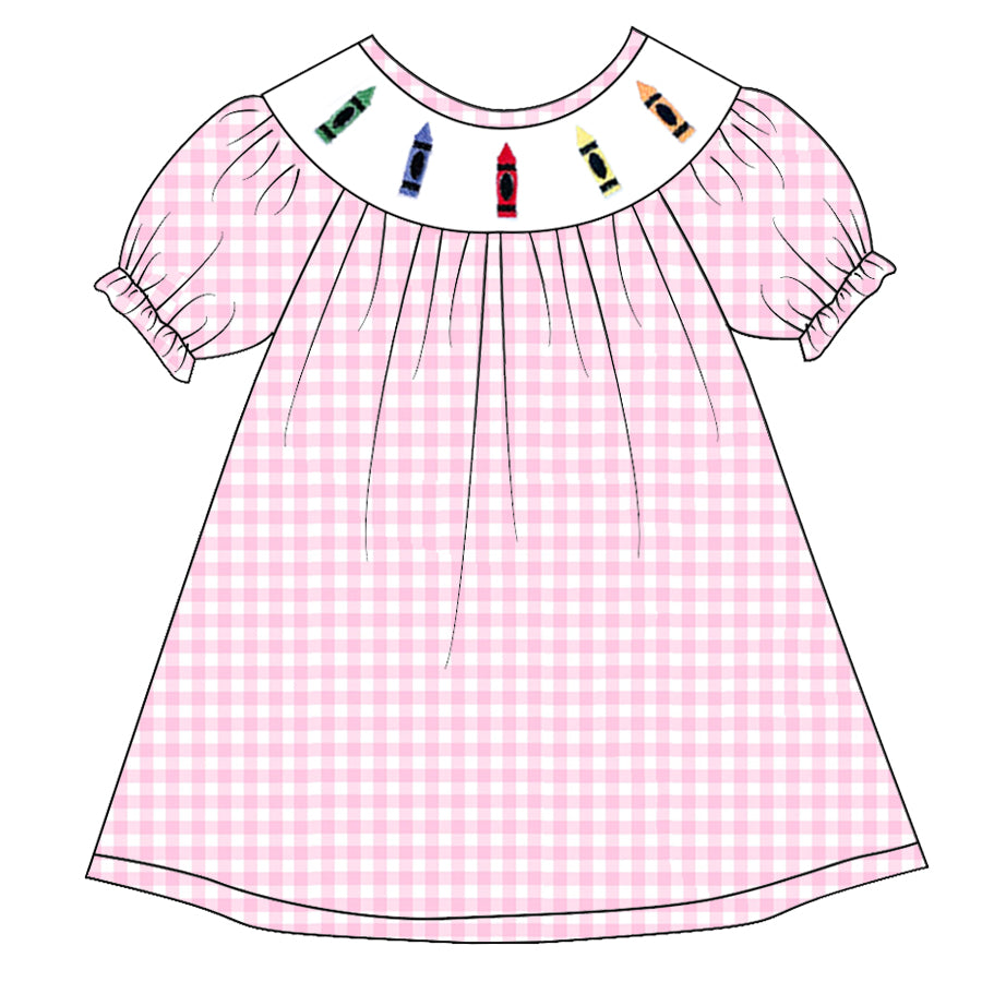 (Pre Order)Girls Pink Plaid Back To School Embroidery Smocked Dress