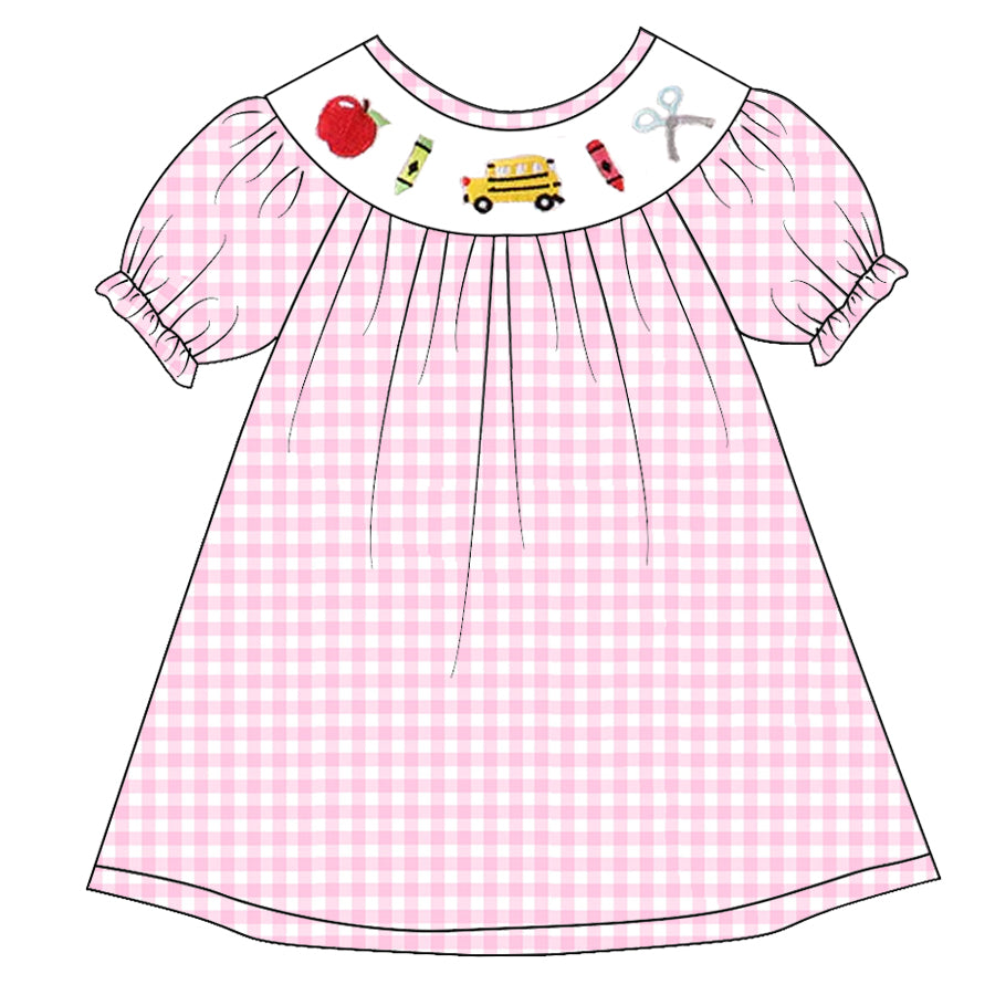 (Pre Order)Girls Pink Plaid Back To School Embroidery Smocked Dress