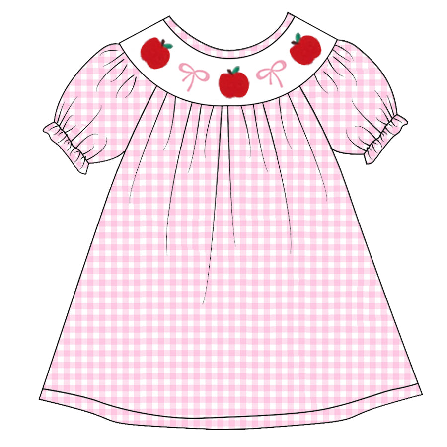 (Pre Order)Girls Pink Plaid Back To School Embroidery Smocked Dress