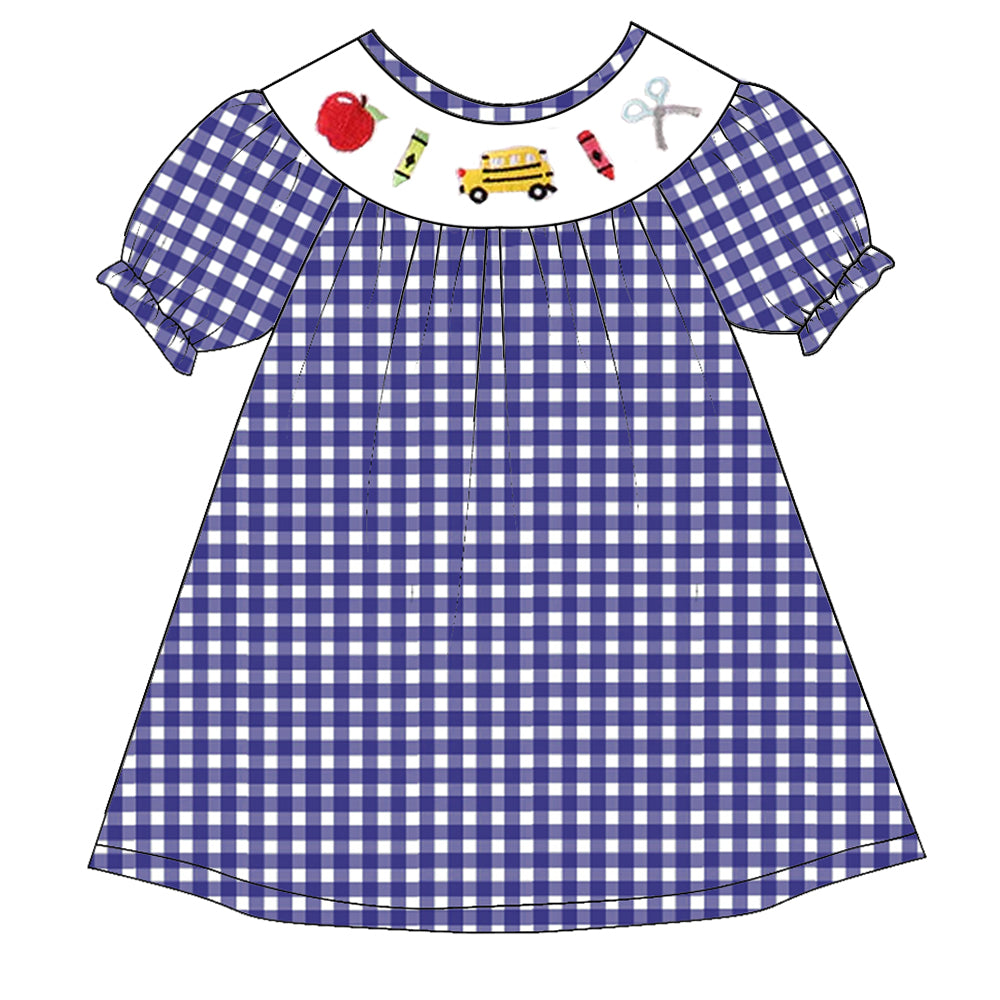 (Pre Order)Girls Blue Plaid Back To School Embroidery Smocked Dress