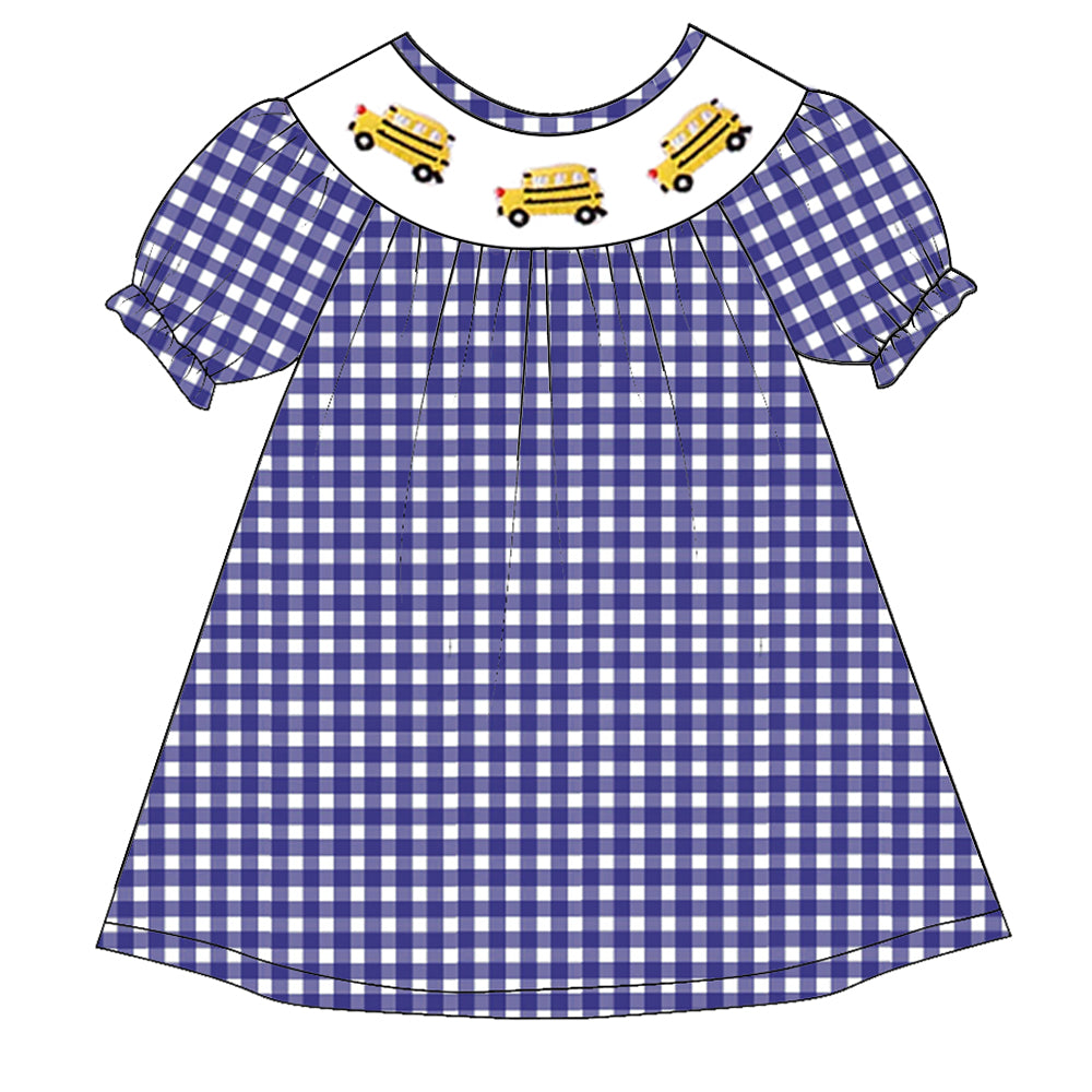 (Pre Order)Girls Blue Plaid Back To School Embroidery Smocked Dress
