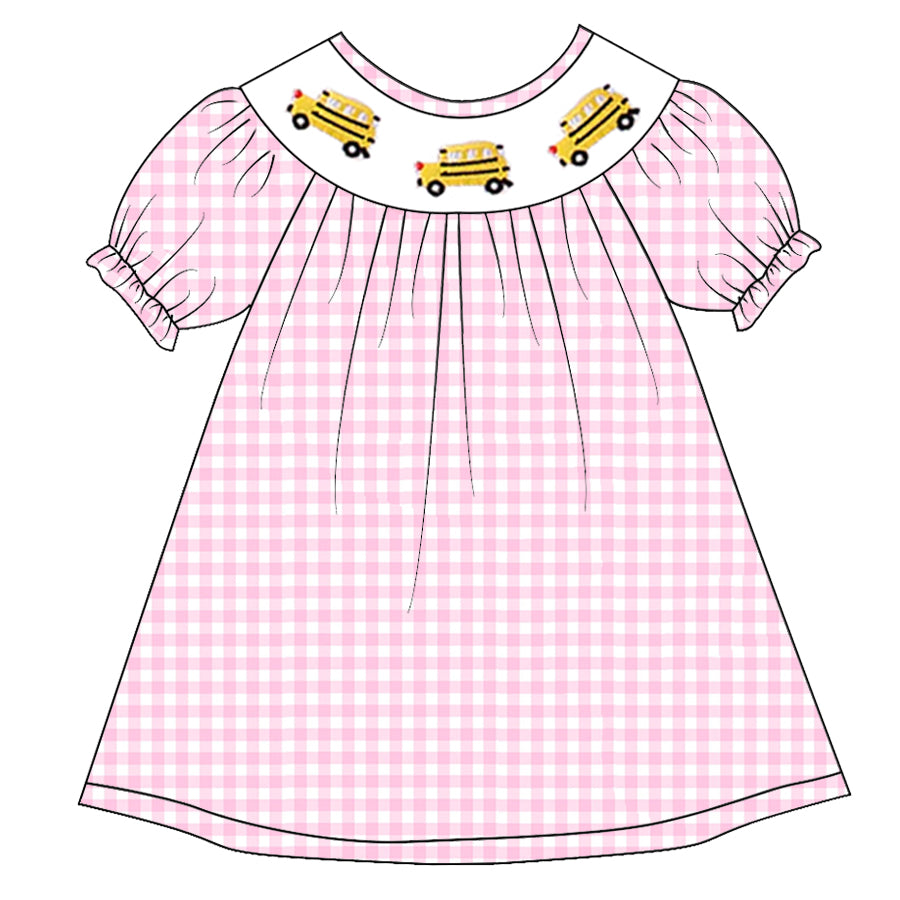 (Pre Order)Girls Pink Plaid Back To School Embroidery Smocked Dress