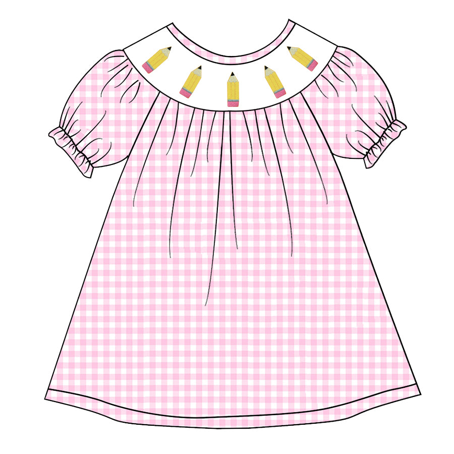 (Pre Order)Girls Pink Plaid Back To School Embroidery Smocked Dress