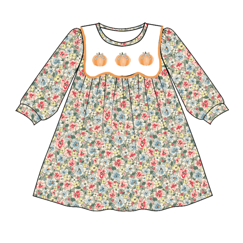 (Pre Order)Girls Halloween Pumpkin Embroidery Dress