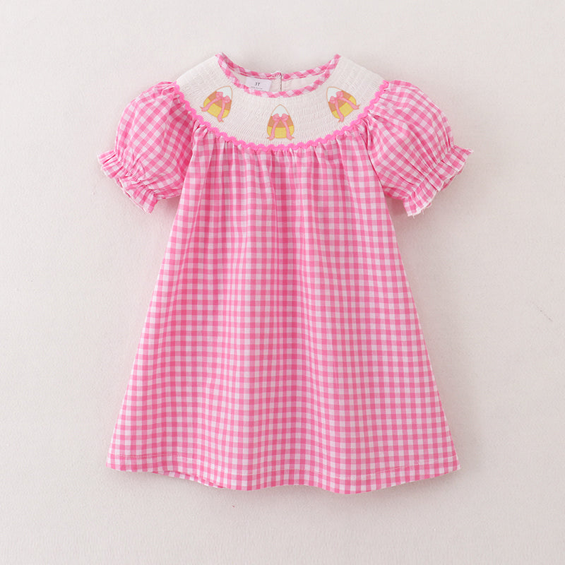 (Pre Order)Girls Pink Plaid Halloween Embroidery Smocked Dress