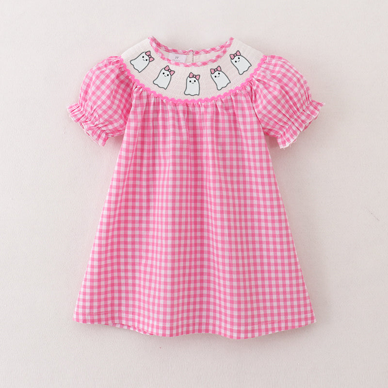 (Pre Order)Girls Pink Plaid Halloween Embroidery Smocked Dress