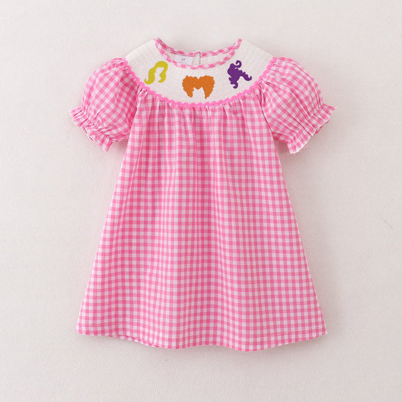 (Pre Order)Girls Pink Plaid Halloween Embroidery Smocked Dress