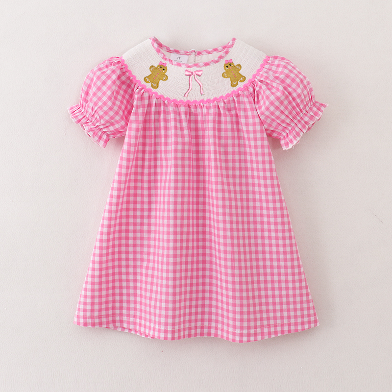 (Pre Order)Girls Pink Plaid Christmas Embroidery Smocked Dress