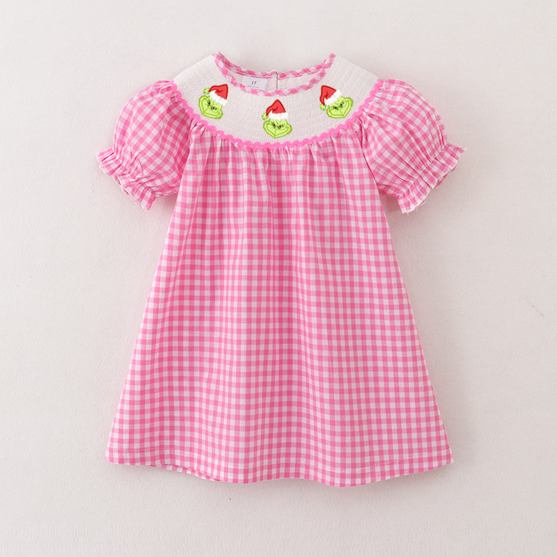 (Pre Order)Girls Pink Plaid Christmas Embroidery Smocked Dress