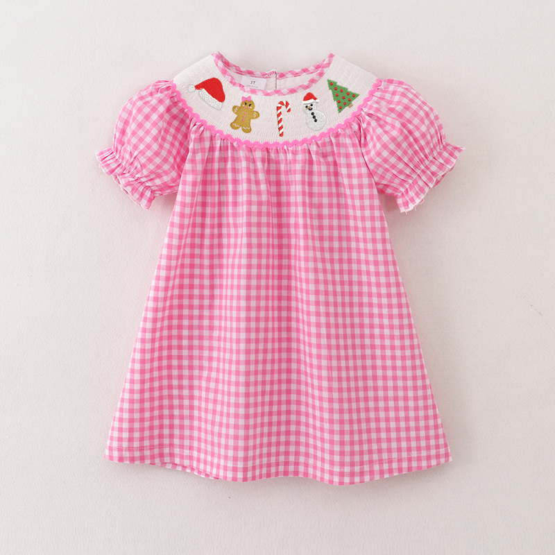 (Pre Order)Girls Pink Plaid Christmas Embroidery Smocked Dress