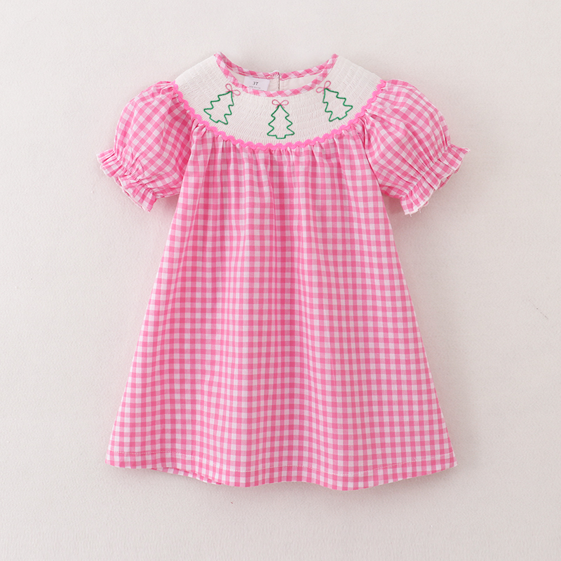(Pre Order)Girls Pink Plaid Christmas Embroidery Smocked Dress