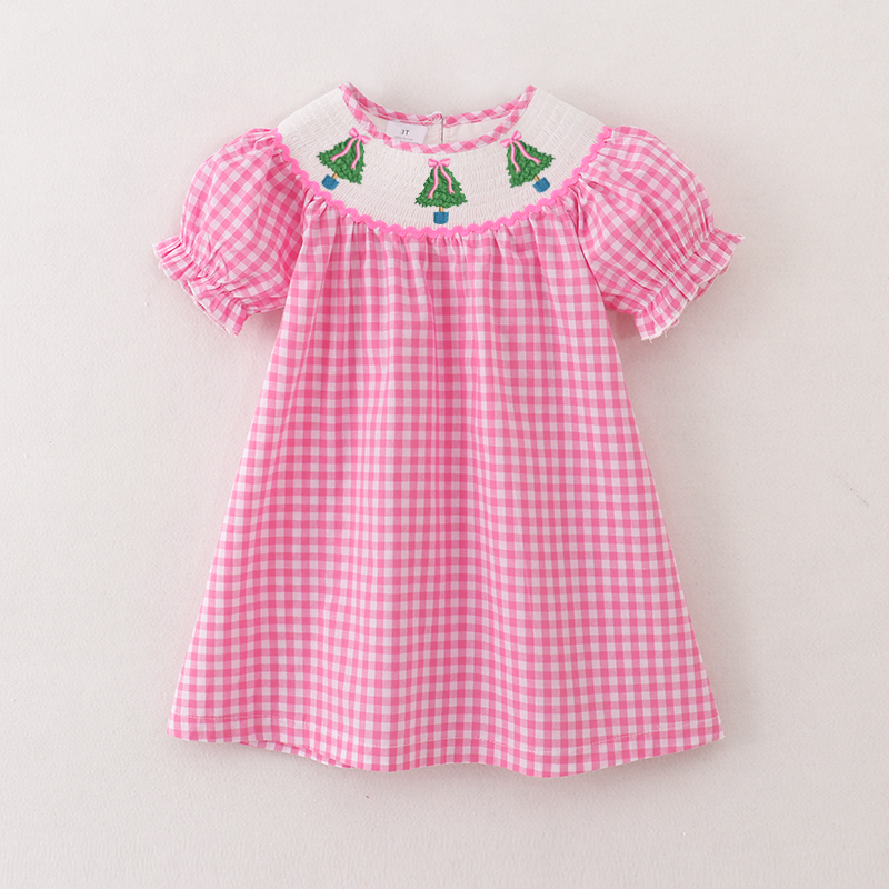 (Pre Order)Girls Pink Plaid Christmas Embroidery Smocked Dress