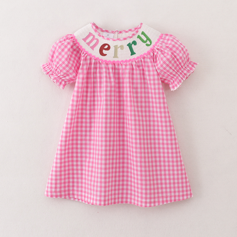 (Pre Order)Girls Pink Plaid Christmas Embroidery Smocked Dress