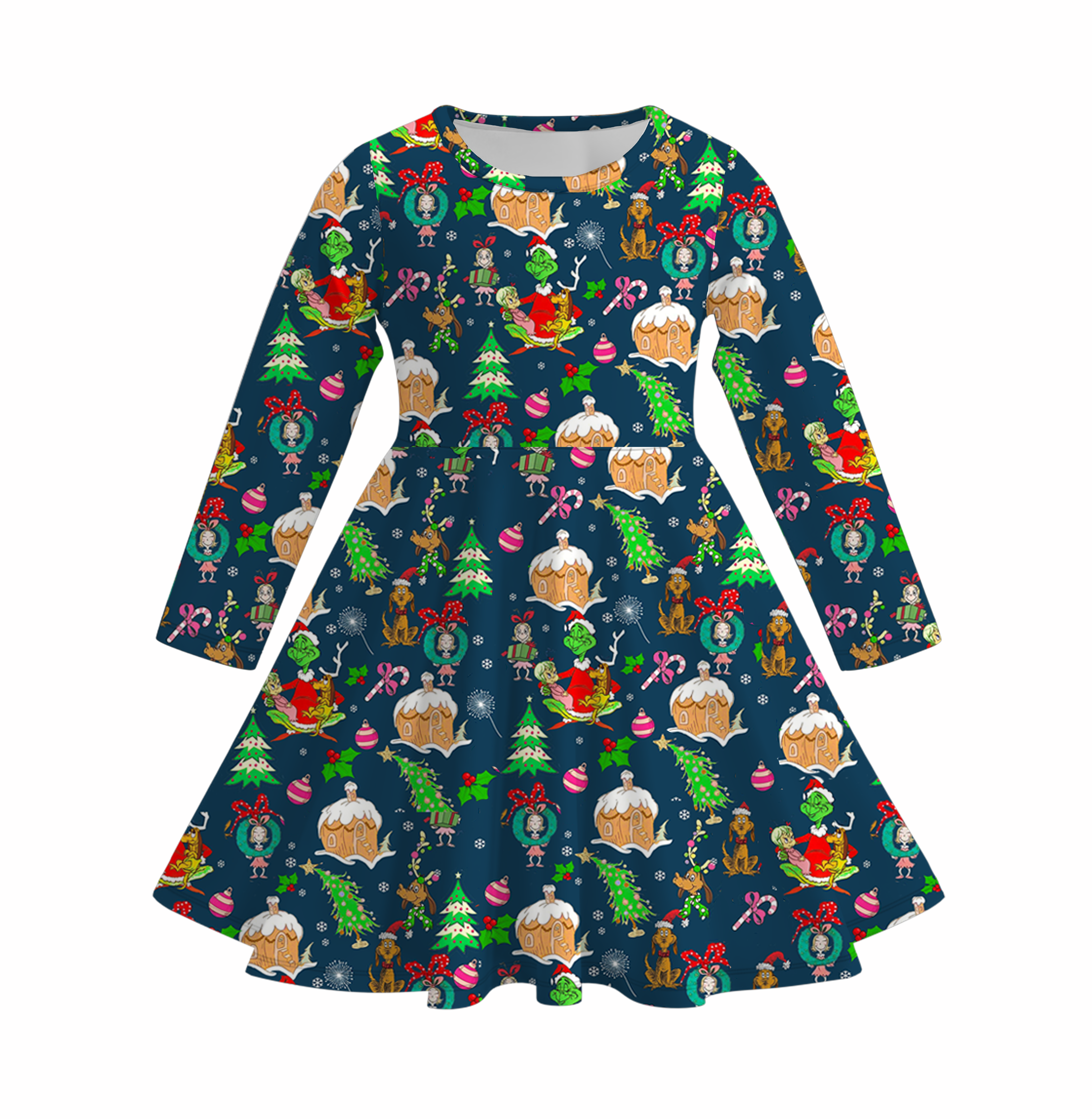 (Pre Order)Girls Christmas Cute Cartoon Print Dress