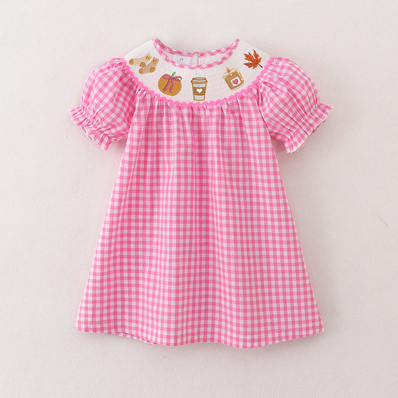 (Pre Order)Girls Pink Plaid Thanksgiving Embroidery Smocked Dress
