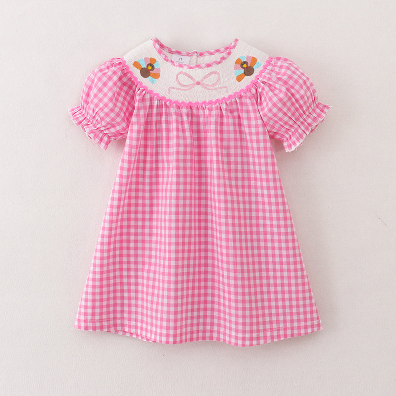 (Pre Order)Girls Pink Plaid Thanksgiving Embroidery Smocked Dress
