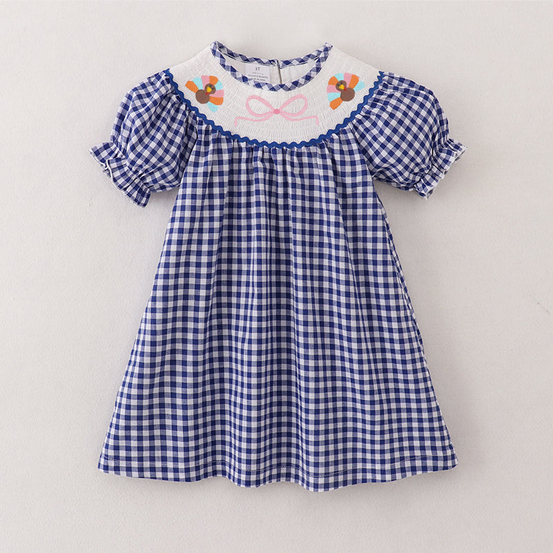 (Pre Order)Girls Blue Plaid Thanksgiving Embroidery Smocked Dress