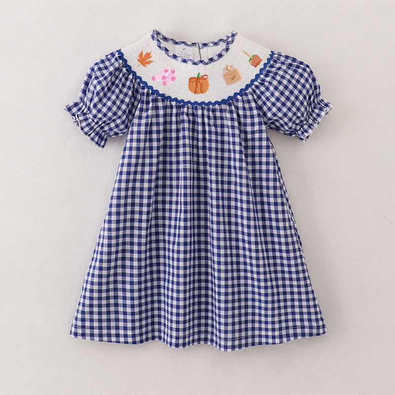 (Pre Order)Girls Blue Plaid Thanksgiving Embroidery Smocked Dress