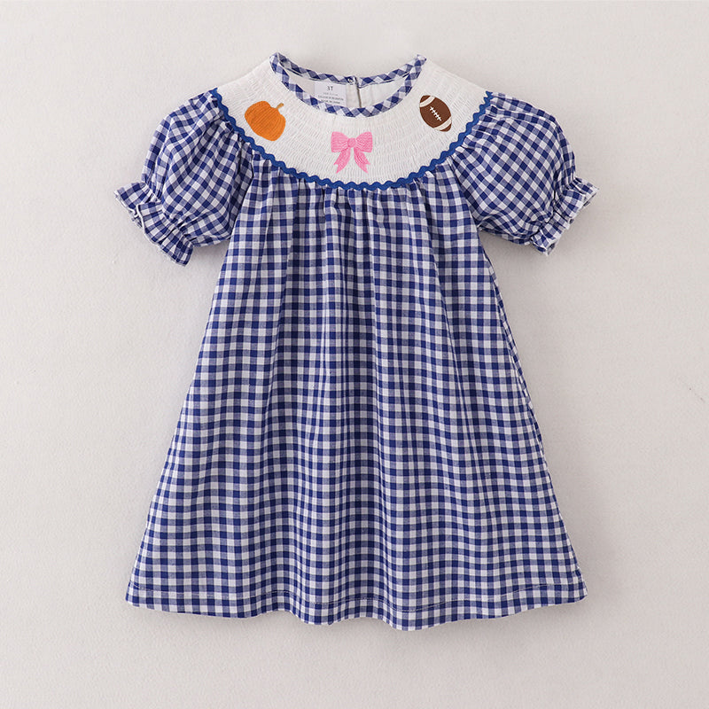 (Pre Order)Girls Blue Plaid Thanksgiving Embroidery Smocked Dress