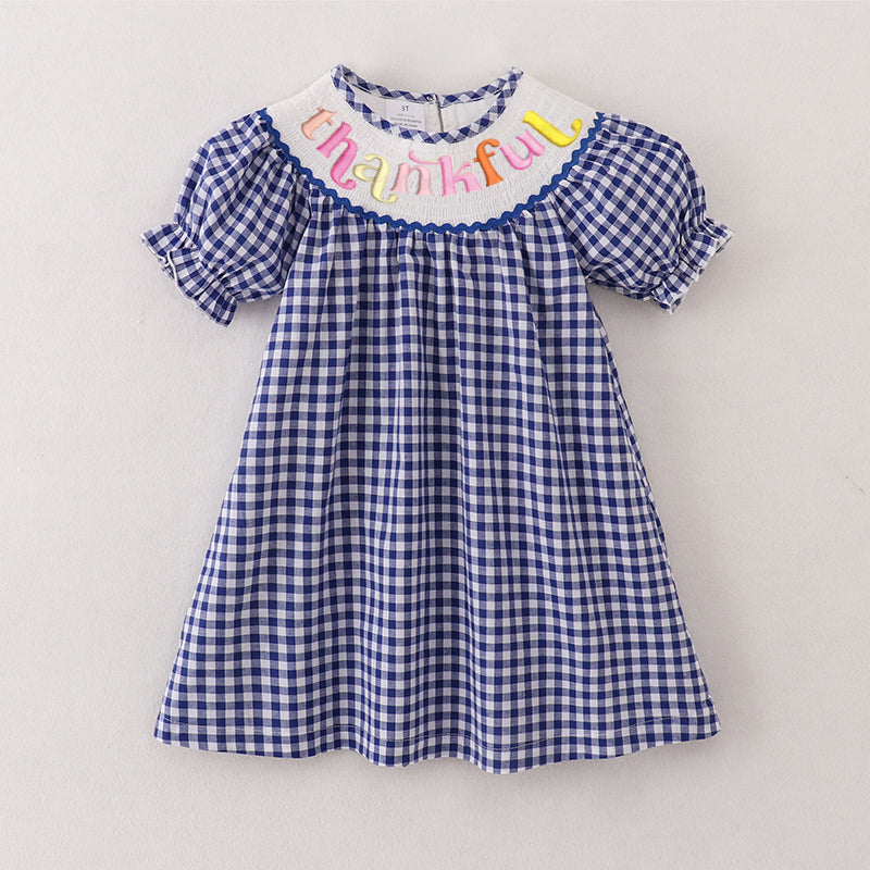 (Pre Order)Girls Blue Plaid Thanksgiving Embroidery Smocked Dress