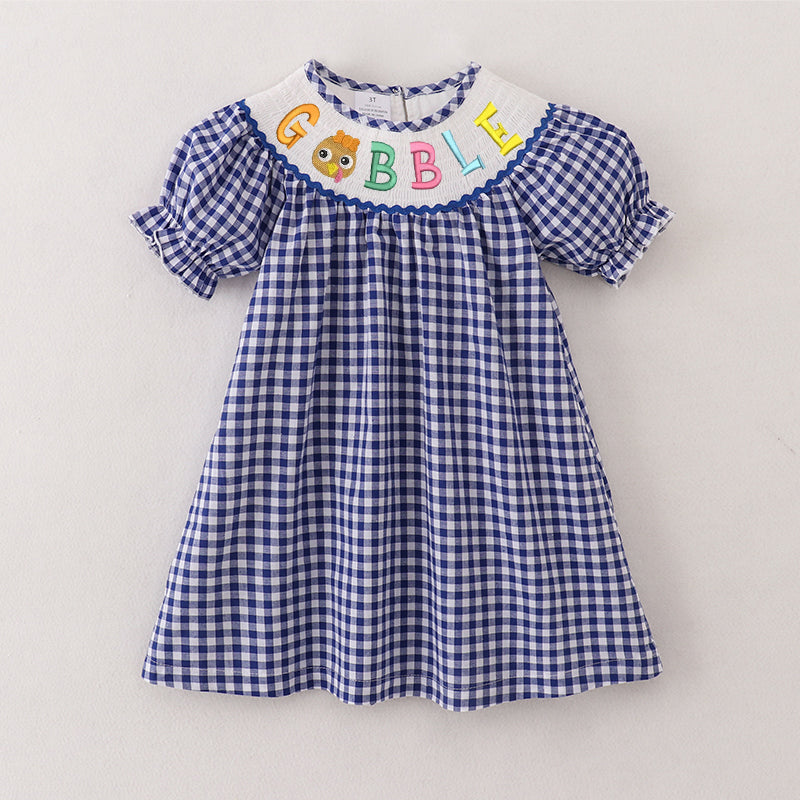 (Pre Order)Girls Blue Plaid Thanksgiving Embroidery Smocked Dress