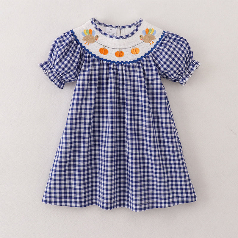 (Pre Order)Girls Blue Plaid Thanksgiving Embroidery Smocked Dress