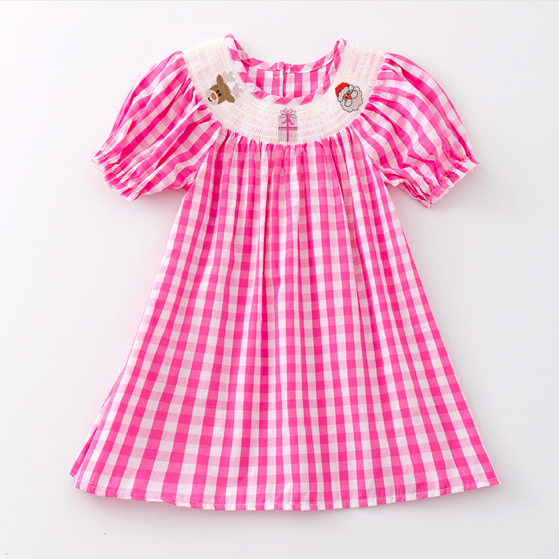 (Pre Order)Girls Pink Plaid Christmas Embroidery Smocked Dress