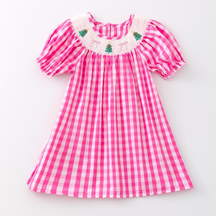 (Pre Order)Girls Pink Plaid Christmas Embroidery Smocked Dress