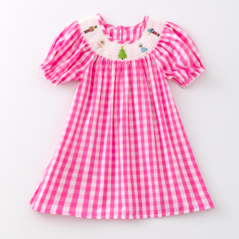 (Pre Order)Girls Pink Plaid Christmas Embroidery Smocked Dress